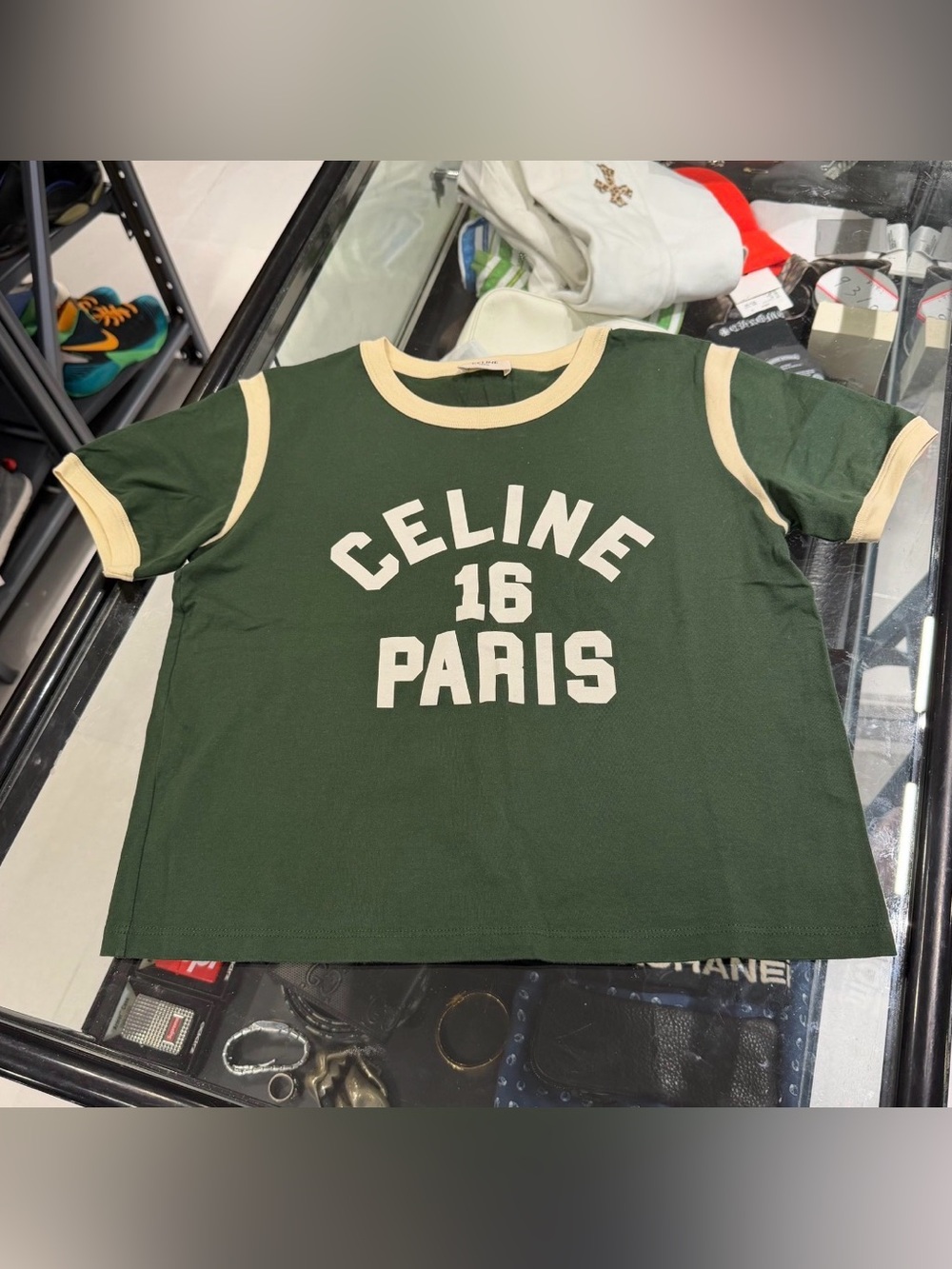 🚩steal Celine Green and Cream 'Celine 16 Paris' Ringer Tee